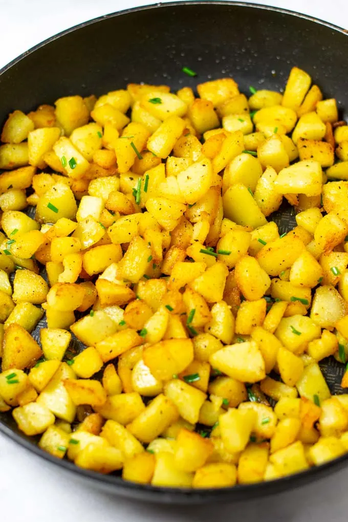 Closeup view of a pan with the Country Potatoes.