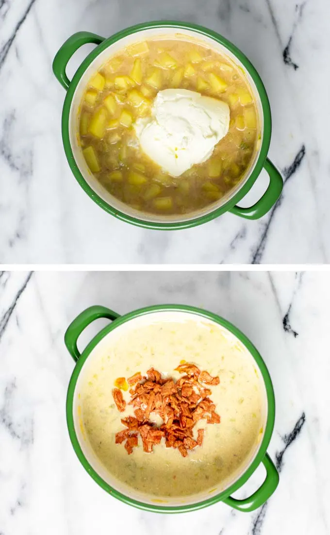 Showing how at the end, vegan sour cream and fried bacon are mixed into the soup.