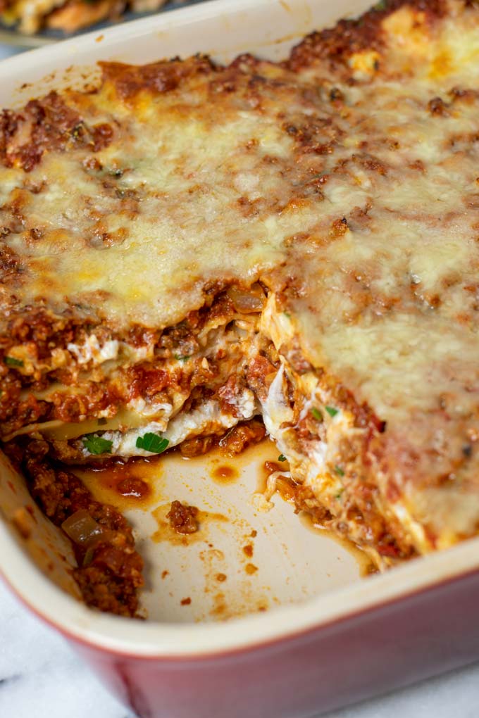 View of the layers of the Homemade Lasagna in the baking dish.