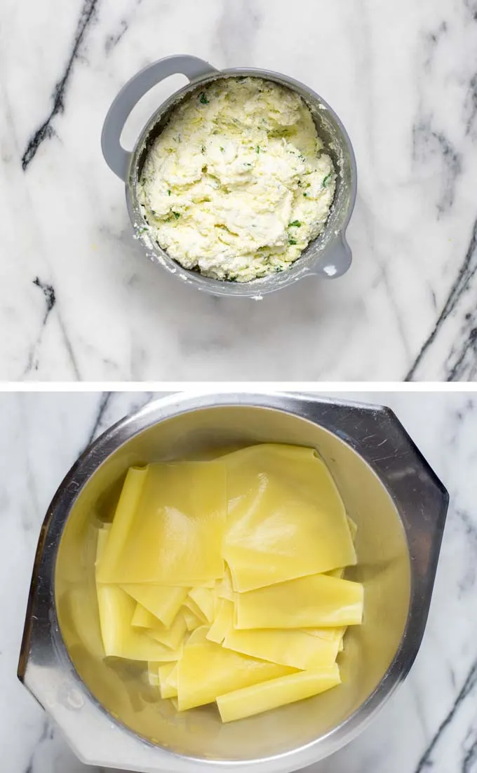 View of the prepared cheesy filling and the pre-cooked lasagna noodles.