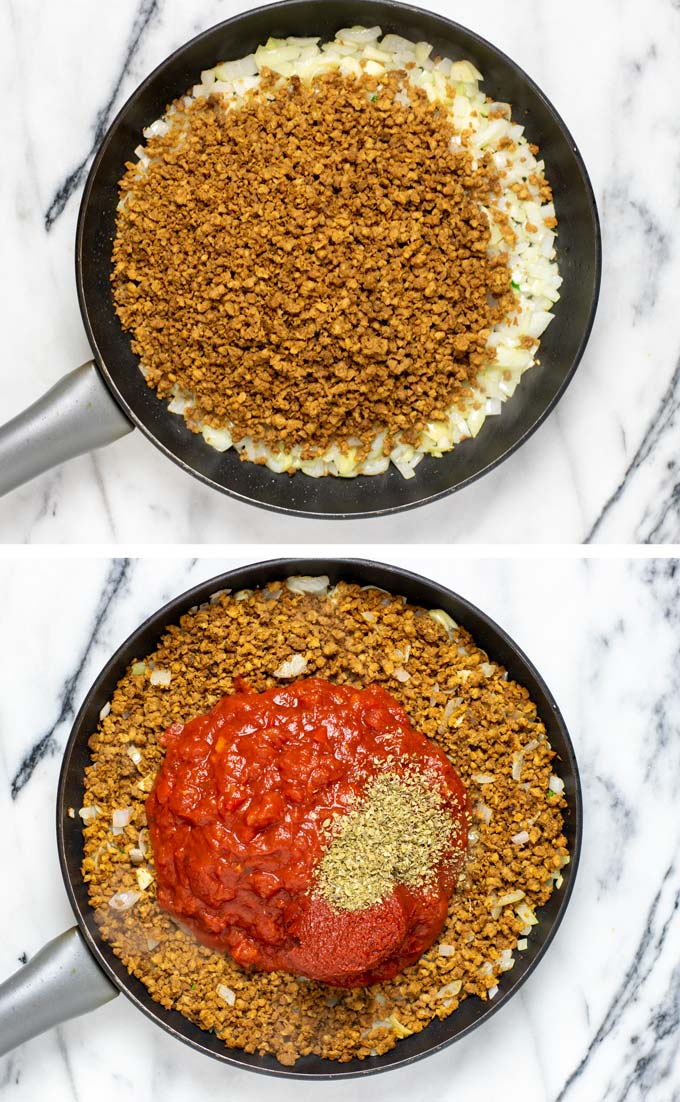 Showing how first the vegan ground beef is fried with onions and garlic, and then mixed with tomato sauce, tomato paste and herbs.