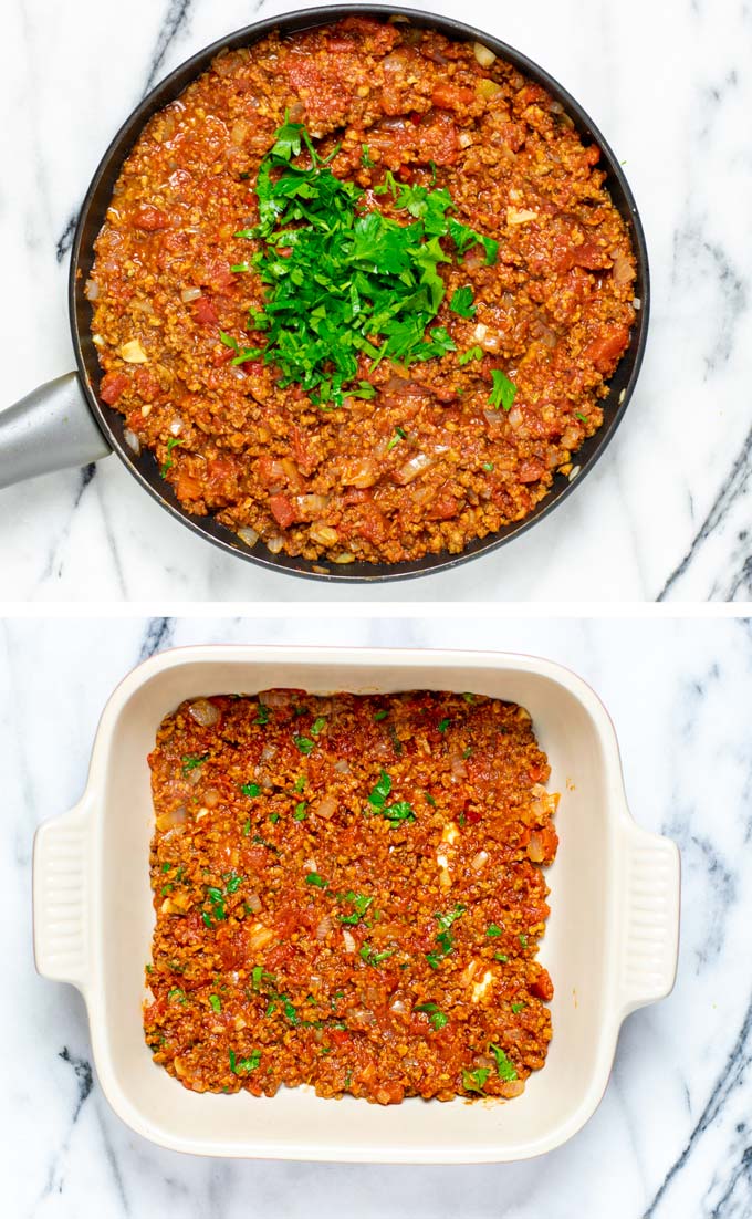 Ready made vegan meat sauce in a pan and as a first layer of the Easy Homemade Lasagna.