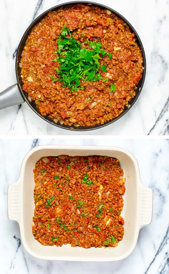 Ready made vegan meat sauce in a pan and as a first layer of the Easy Homemade Lasagna.