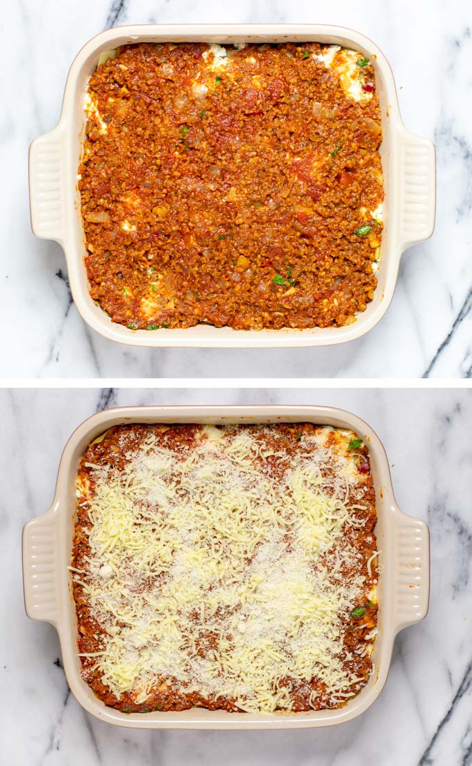 Vegan meat sauce as final layer before cheese is added on top.