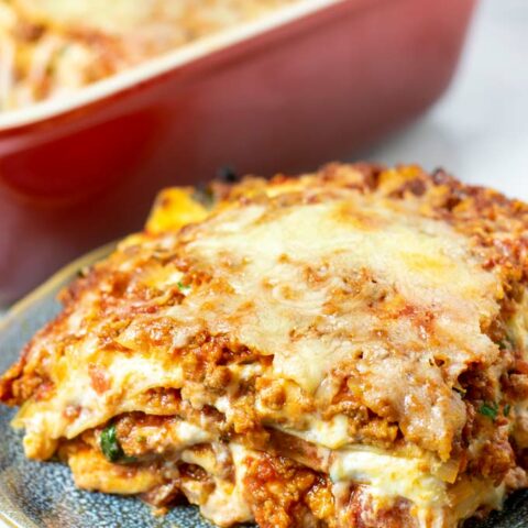 A large portion of the Easy Homemade Lasagna on a plate with the baking dish in the background.