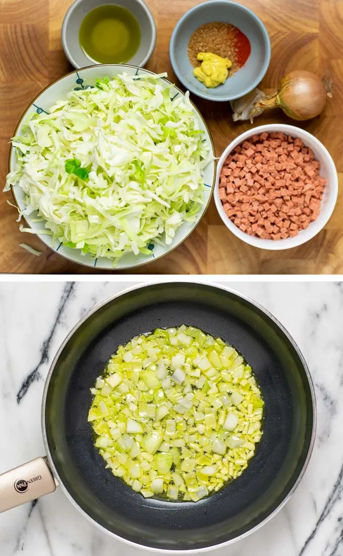 Ingredients needed for making the simple Fried Cabbage assembled on a wooden board.