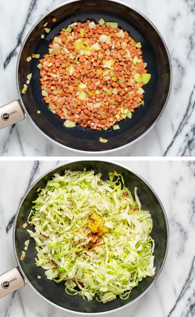 Showing how first diced onions and vegan bacon is fried before the shredded cabbage is added together with spices.