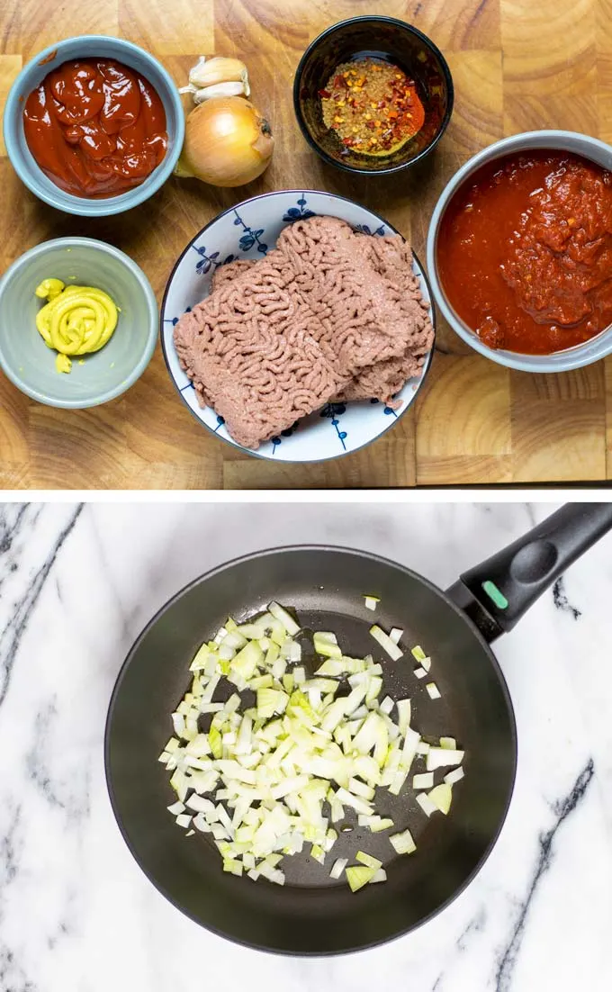 Ingredients needed to make the Hot Dog Chili are assembled on a wooden board. Bottom: Diced onions are fried in a pan.