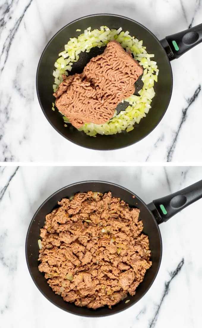 Before and after view of adding vegan ground beef to a frying pan with diced onions.