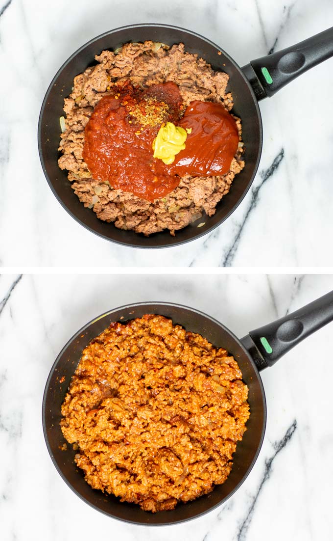 Before and after view of adding tomato sauce, paste, mustard, and seasonings to a frying pan with vegan ground beef and onion.