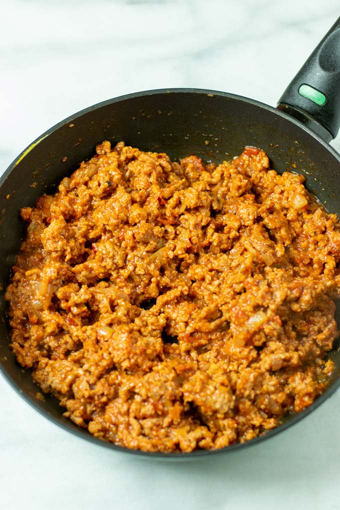 Closeup of the vegan Hot Dog Chili in a frying pan.