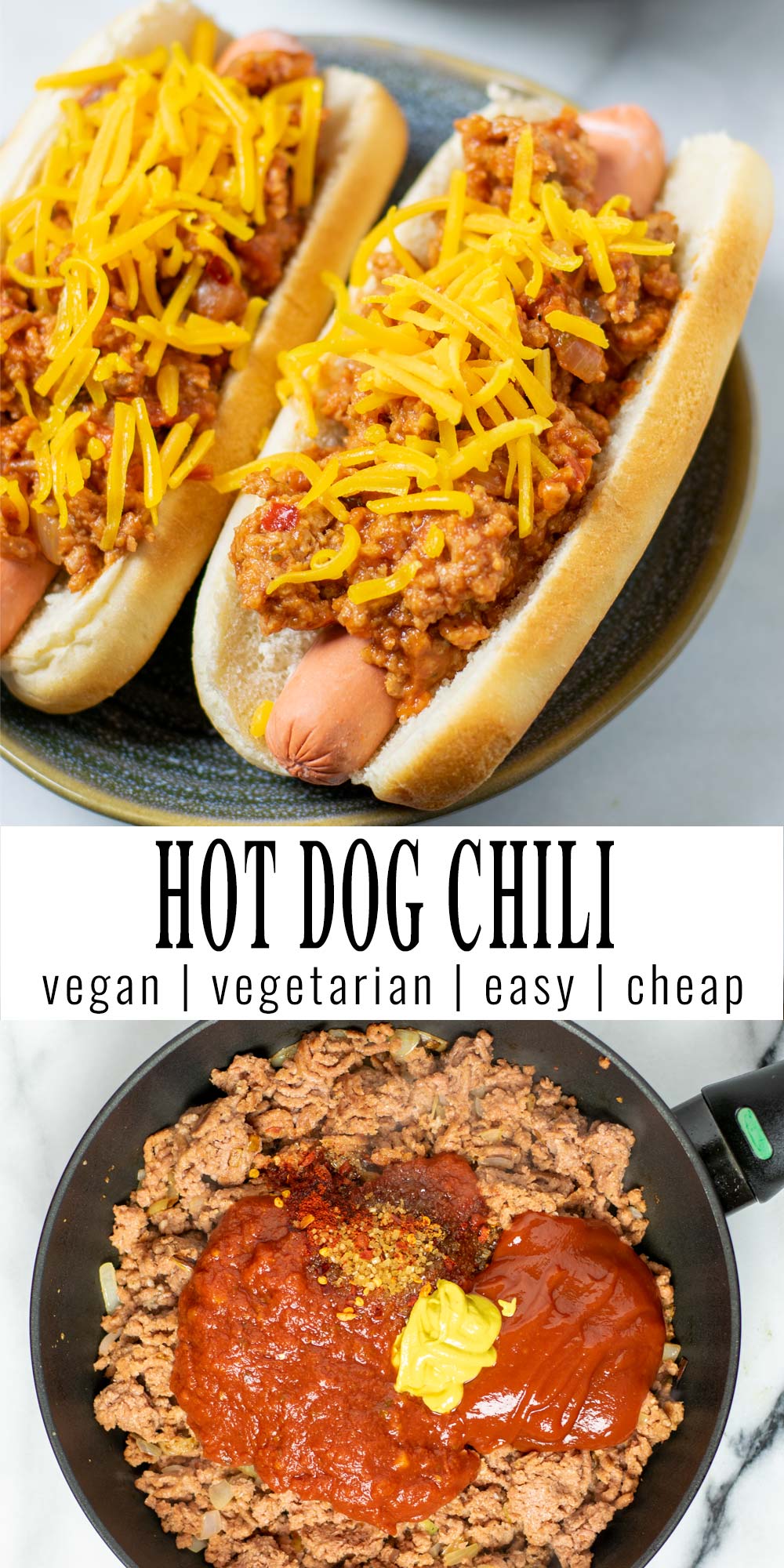Collage of two pictures of the Hot Dog Chili recipe with recipe title text.