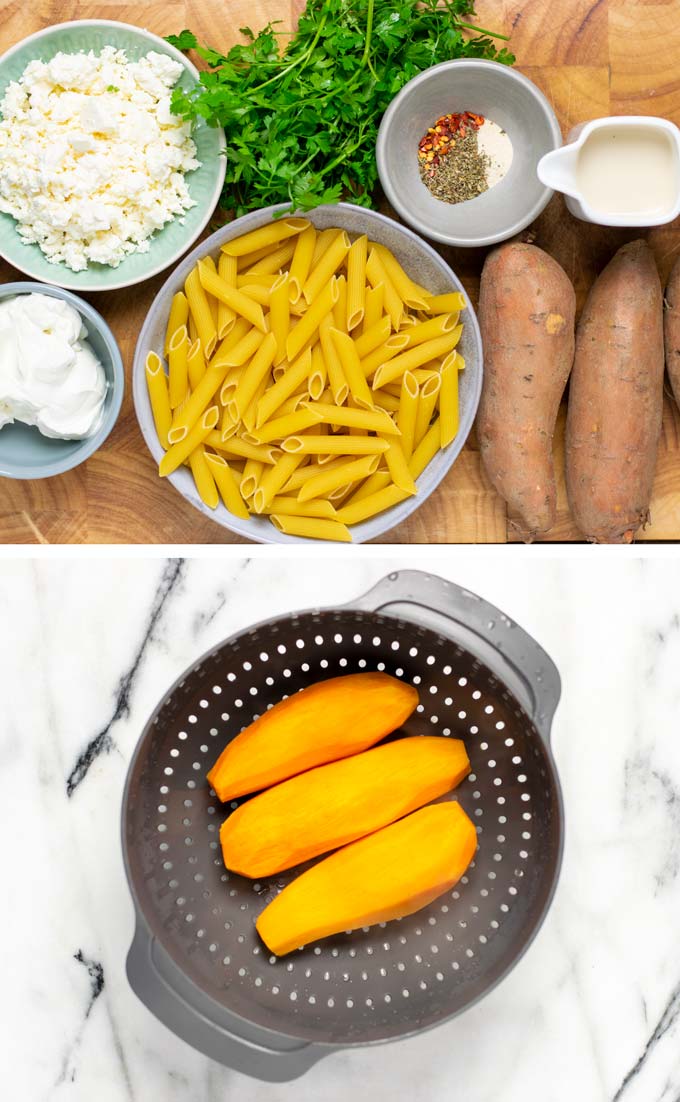 Ingredients for making this Sweet Potato Pasta recipe are assembled on a wooden board.