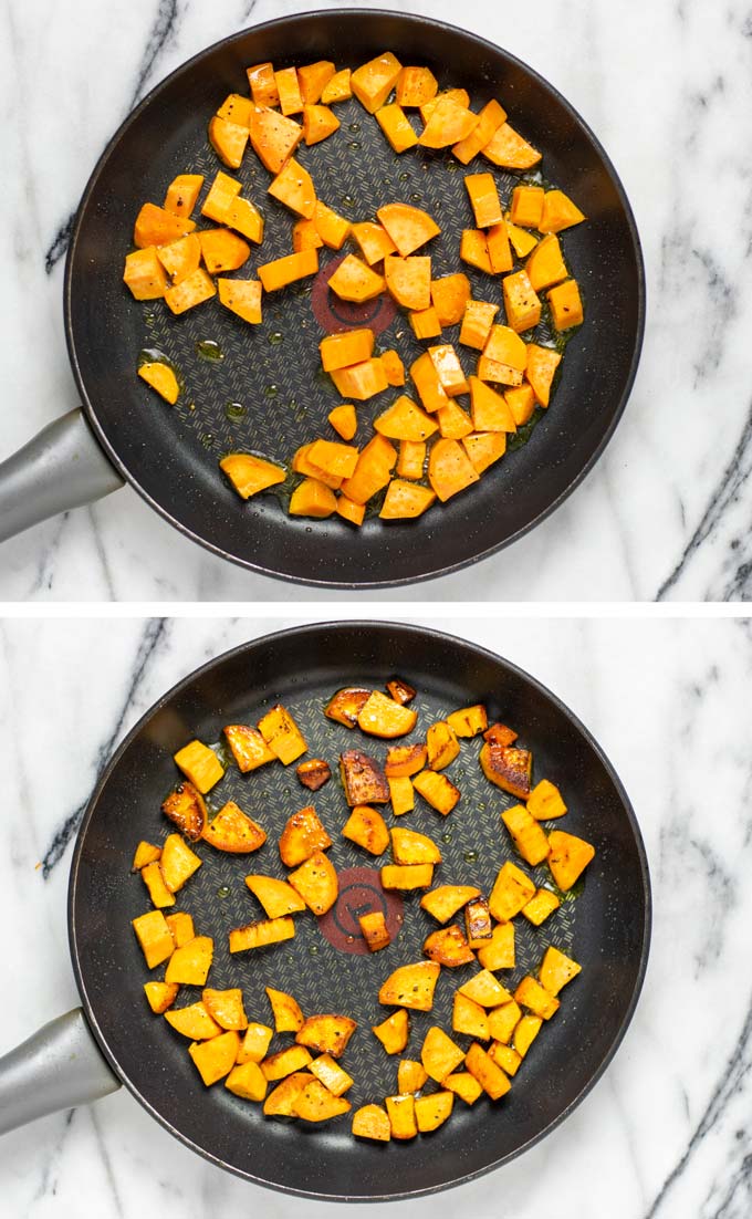 Before and after pictures of roasting sweet potato cubes in a sauce pan.