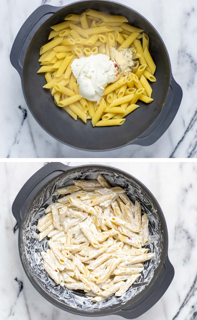 Before and after pictures of mixing cooked pasta with vegan cream cheese in a large mixing bowl.
