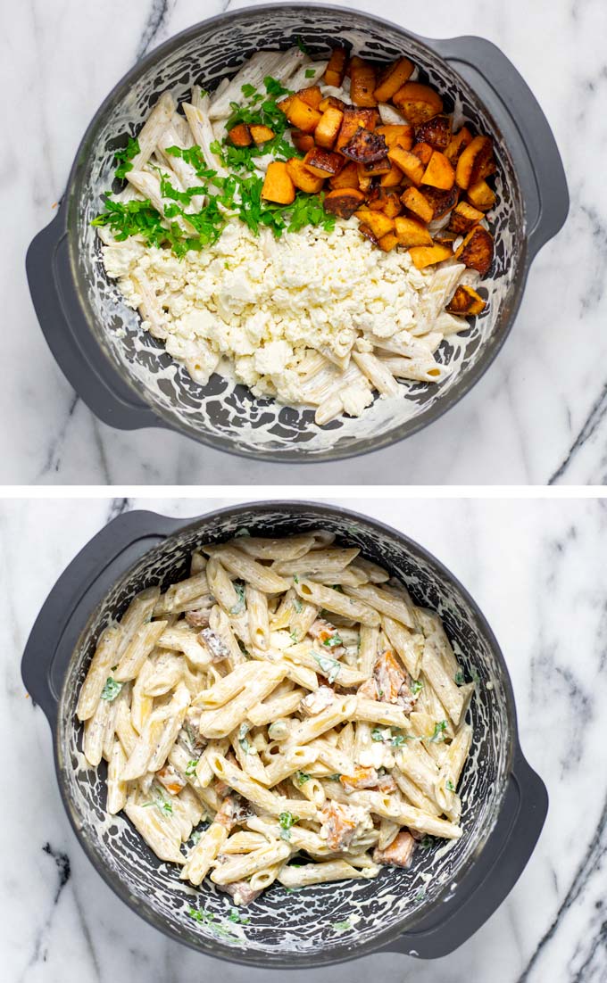 Before and after view of adding the fried sweet potato cubes and fresh parsley to the creamy pasta.