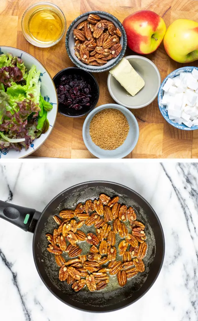 Ingredients needed to make the Apple Salad are assembled on a wooden board.