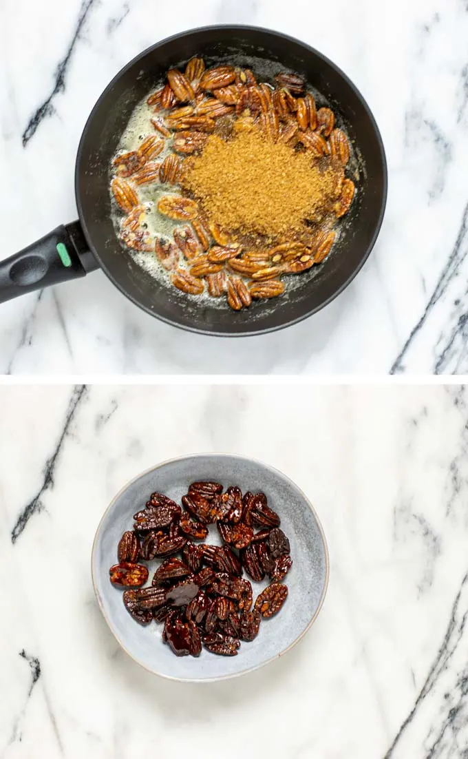 Before and after pictures showing how pecans are caramelized in butter and brown sugar.