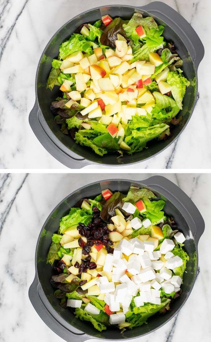Combination of two pictures showing how the salad ingredients are given into a large mixing bowl.