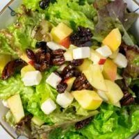 Top view on the Apple Salad, showing the apples, vegan feta cheese, cranberries, and caramelized pecans.