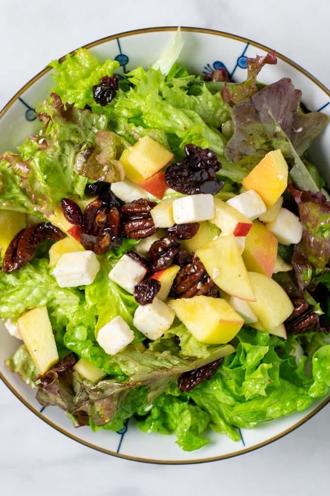 Top view on the Apple Salad, showing the apples, vegan feta cheese, cranberries, and caramelized pecans.