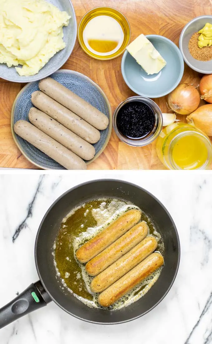 Ingredients needed to make this Bangers and Mash assembled on a wooden board.