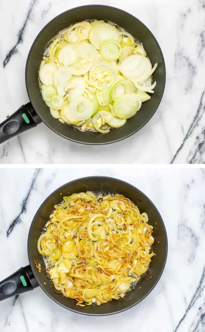 Before and after pictures showing how onion rings are caramelized.