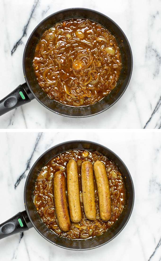 Showing the pan gravy with and without the vegan sausages.
