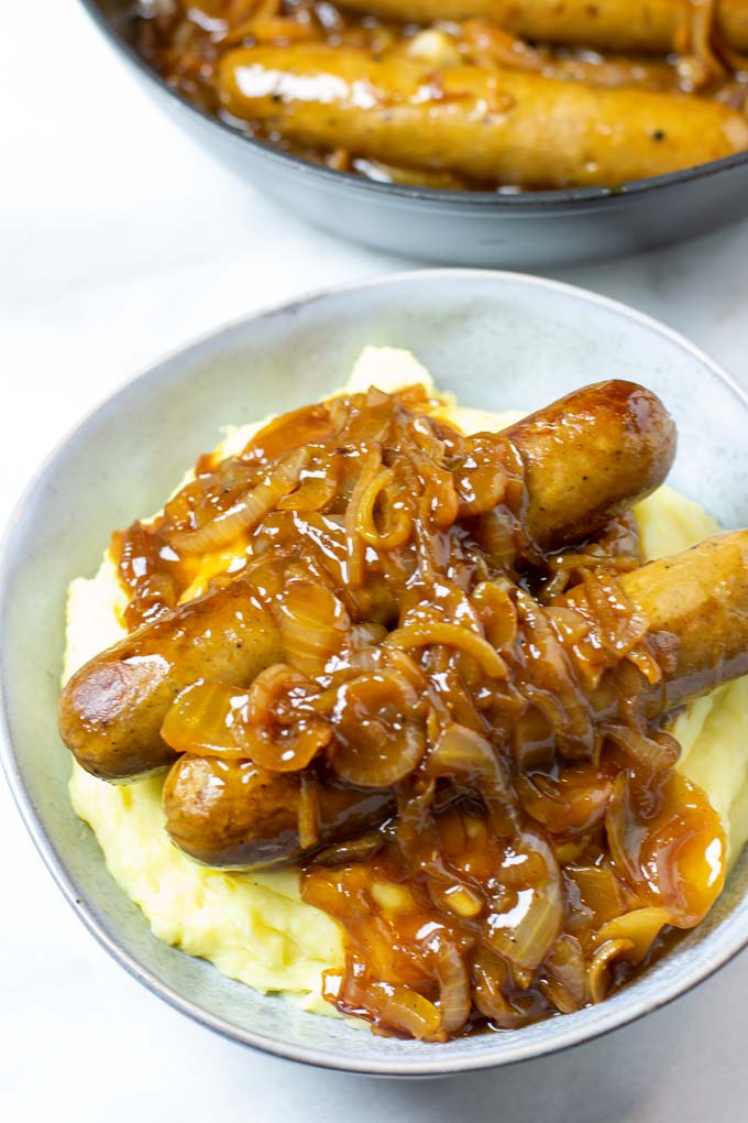 Top view of a large portion of the Bangers and Mash.