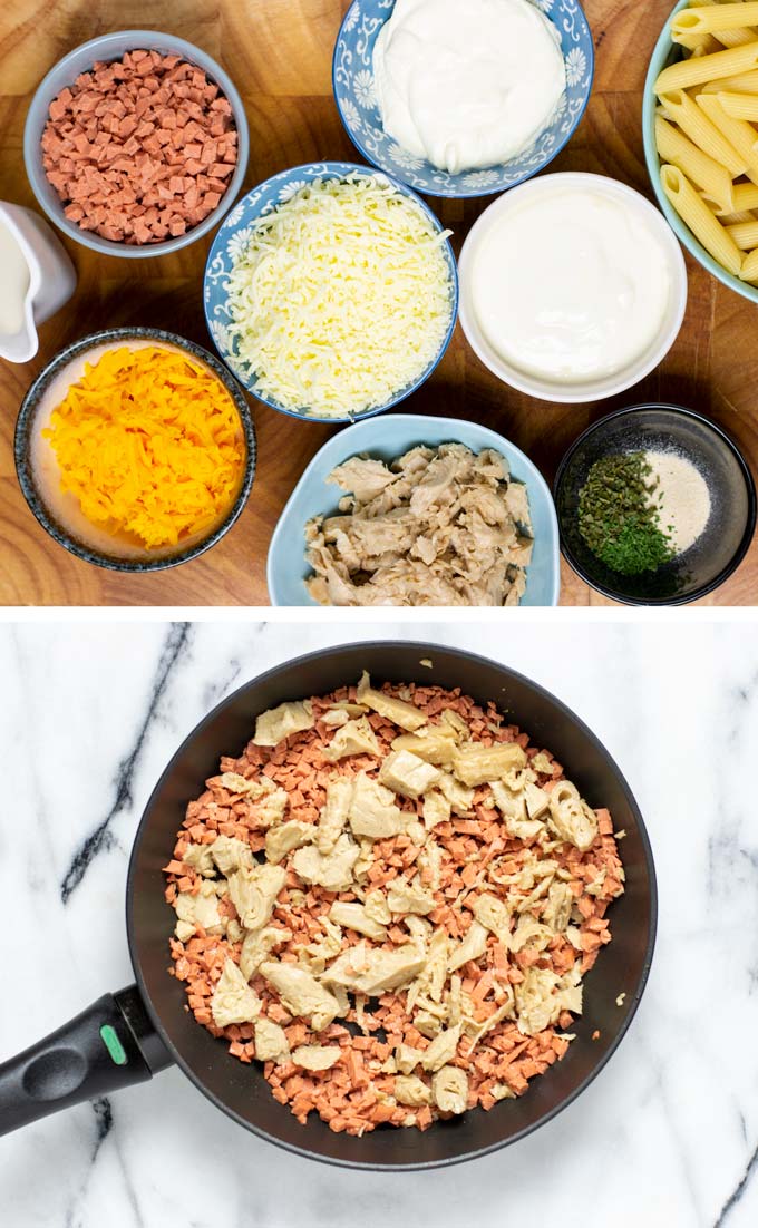 Ingredients needed to make the Chicken Bacon Ranch Casserole are assembled on a wooden board.