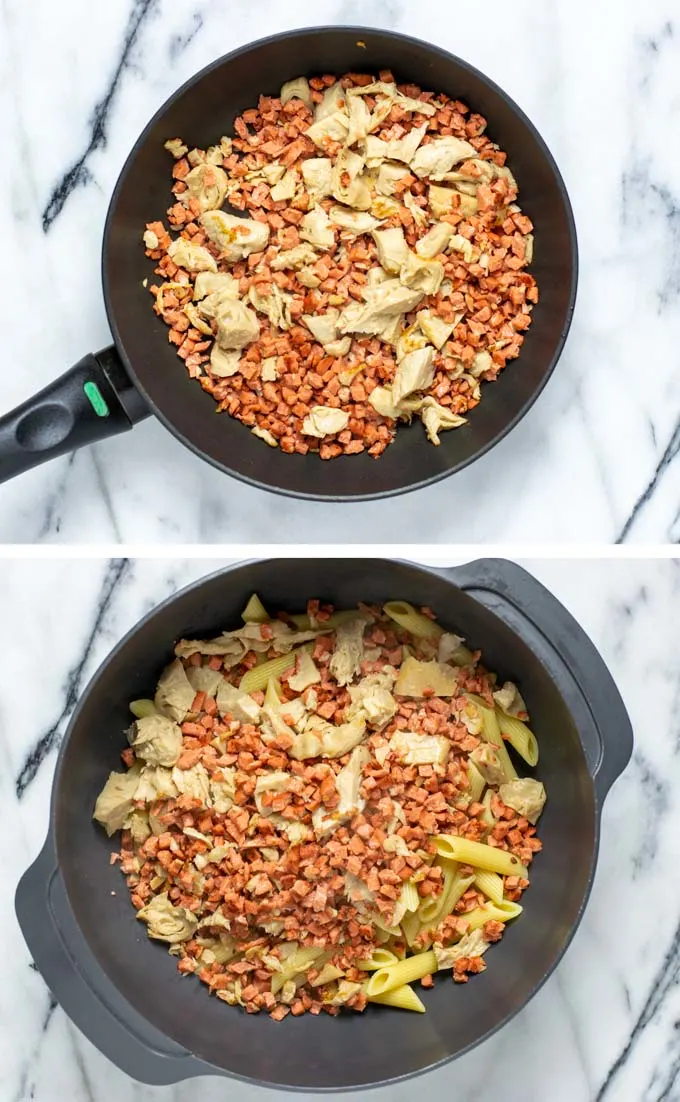 Showing how vegan chicken and bacon are fired and then mixed with precooked pasta in a large bowl.