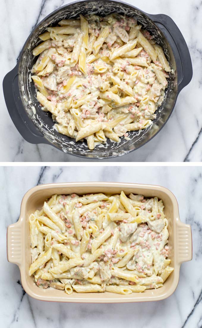 Showing the mixed Chicken Bacon Ranch Casserole in a mixing bowl and in a casserole dish.