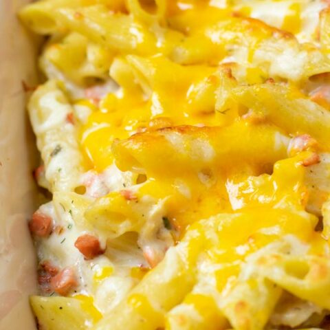 Closeup showing the creamy Bacon Ranch Casserole.