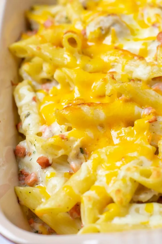 Closeup showing the creamy Bacon Ranch Casserole.