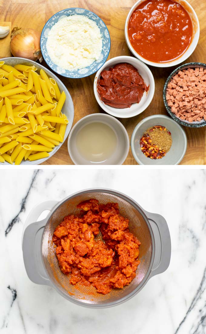 Ingredients needed to make the Pasta Amatriciana assembled on a wooden board.