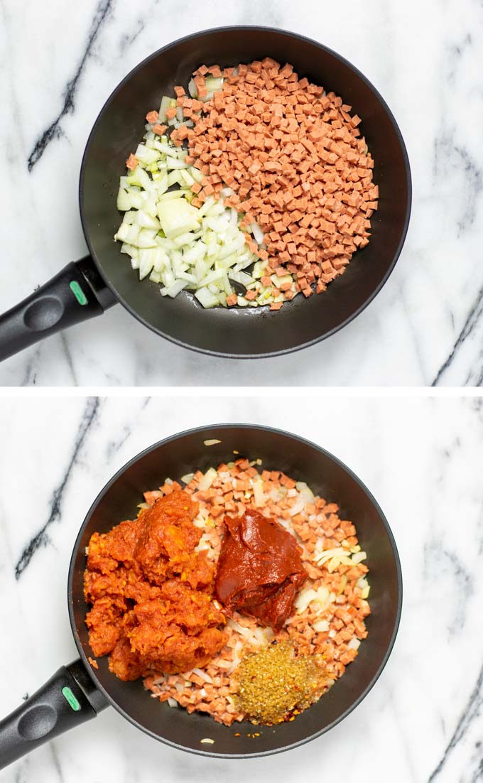 Step by step pictures showing how bacon and onions are first fried, then mixed with tomato sauce and paste.