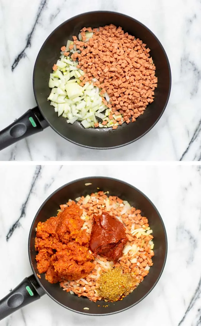 Step by step pictures showing how bacon and onions are first fried, then mixed with tomato sauce and paste.