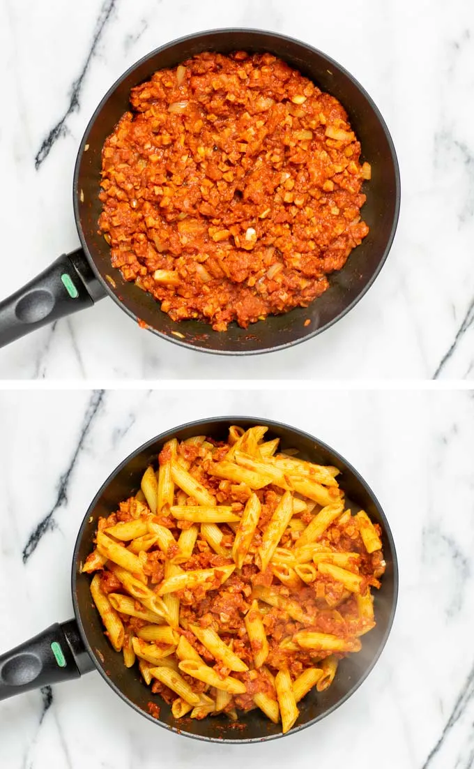 Showing how the ready sauce ix mixed with the penne pasta in a sauce pan. 