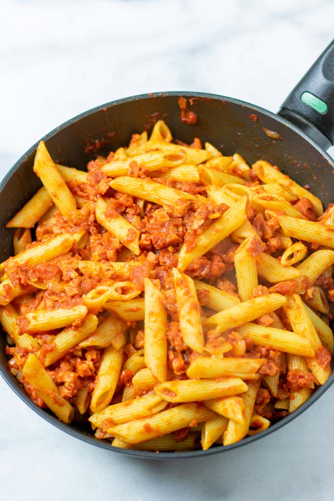 View of the Pasta Amatriciana, served in a pan.