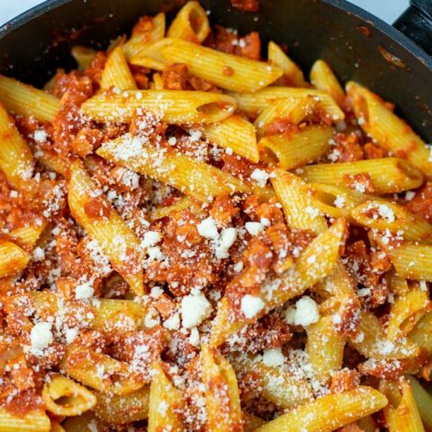 Closeup of the served Pasta Amatriciana.