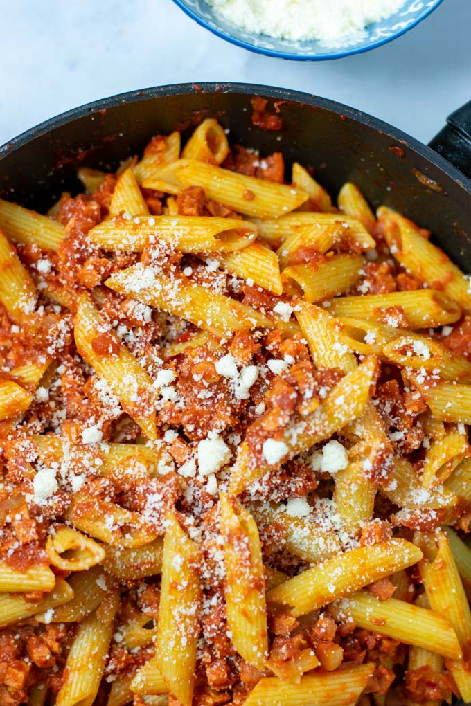 Closeup of the served Pasta Amatriciana.