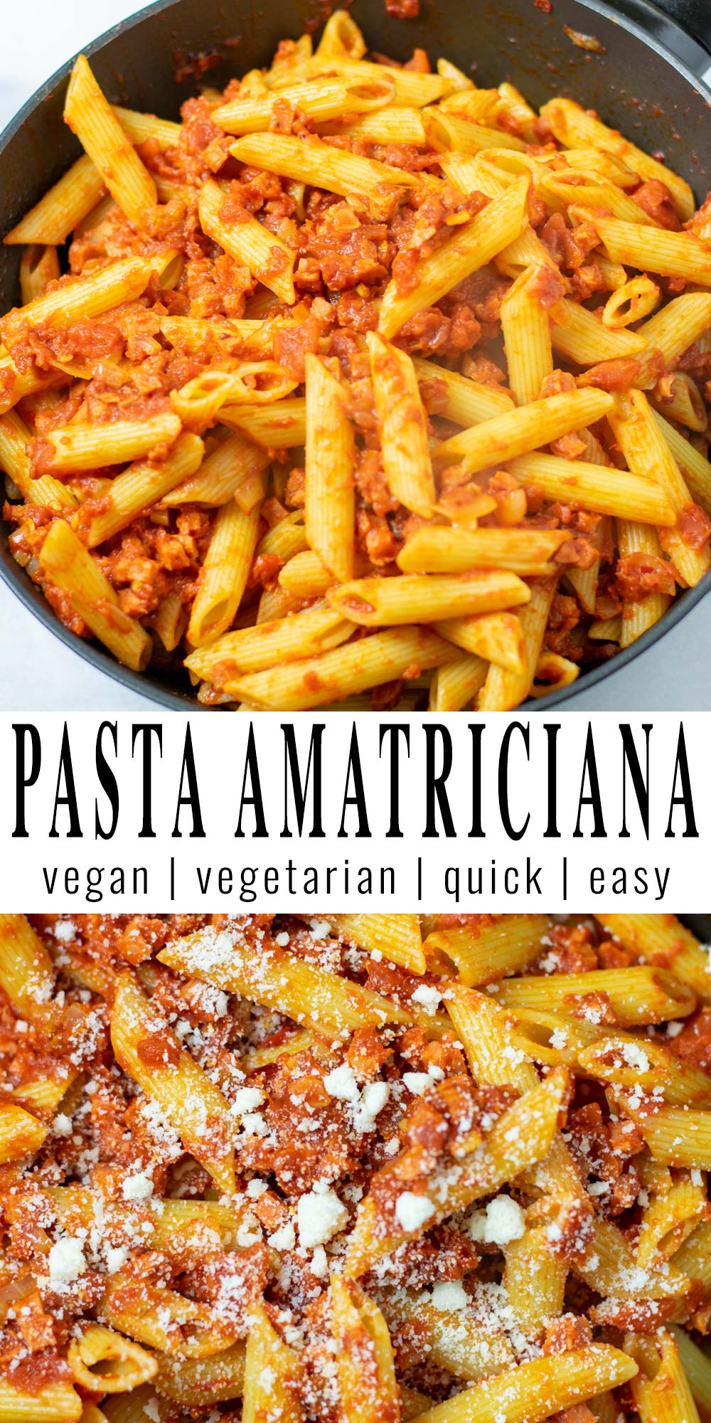 Collage of two pictures of the Pasta Amatriciana with recipe title text.
