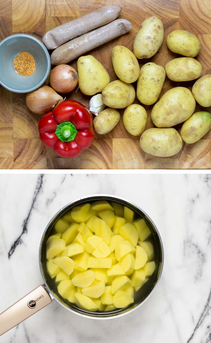 Ingredients needed to make the Potato Hash are assembled on a wooden board.