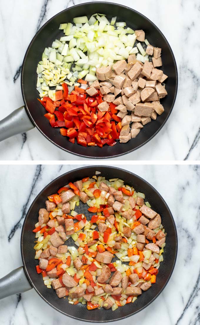 Before and after pictures of the vegetables and vegan sausage being fried in a pan.