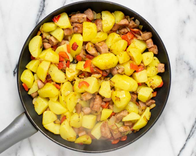 Top view on the Potato Hash in a pan.