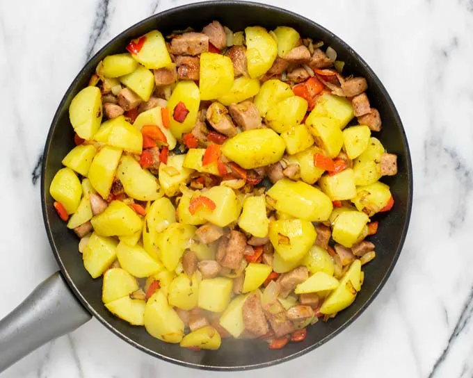 Top view on the Potato Hash in a pan.