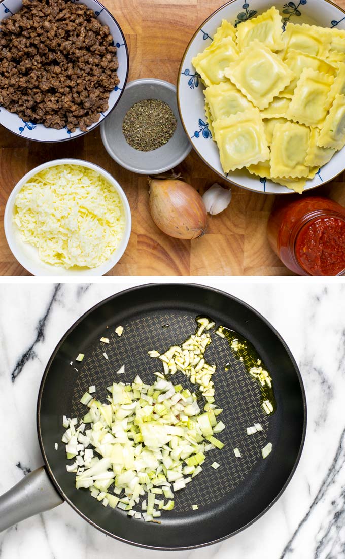 Ingredients needed to make this Ravioli Lasagna assembled on a wooden board.