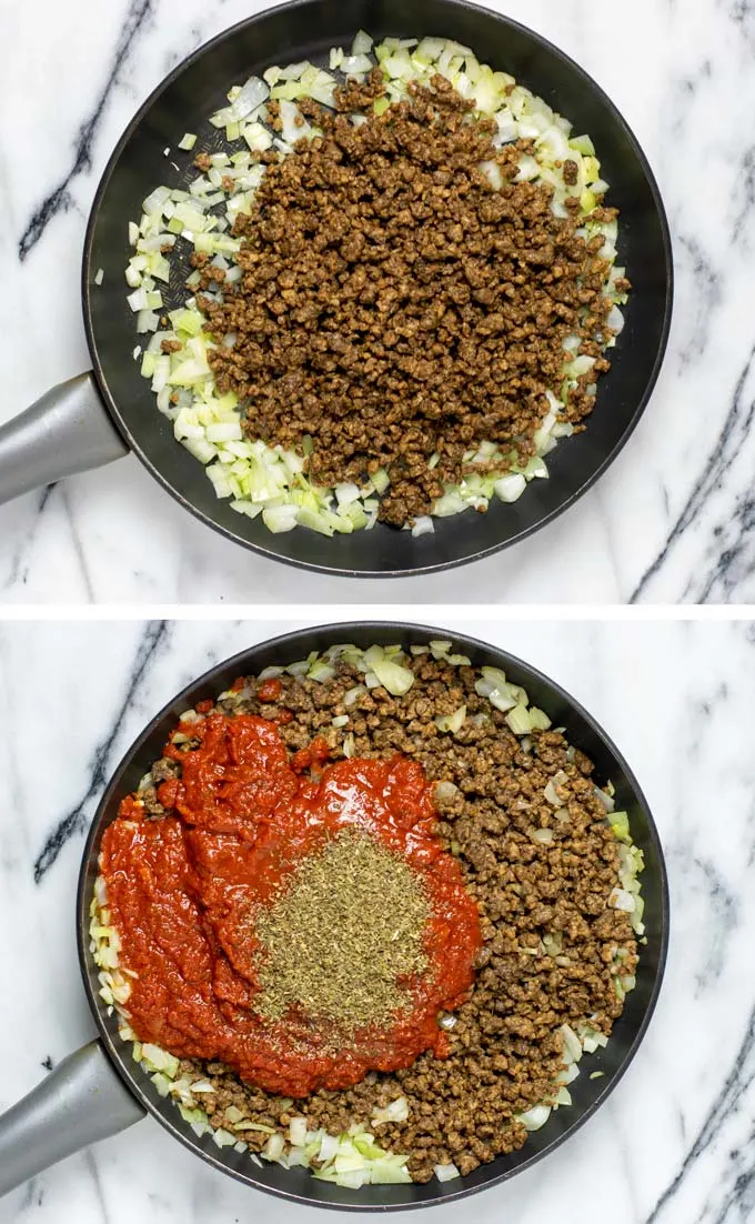 Showing how the vegan ground beef for the meat sauce is prepared.