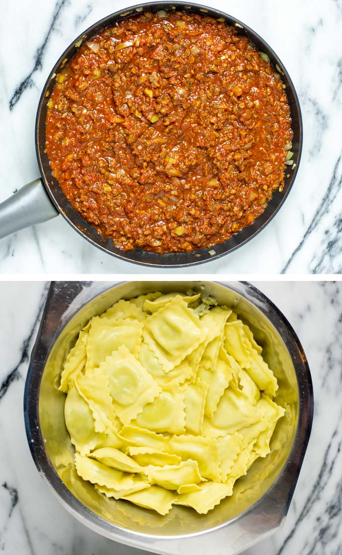 Double view of the ready vegan meat sauce in a pan and precooked ravioli in a colander.