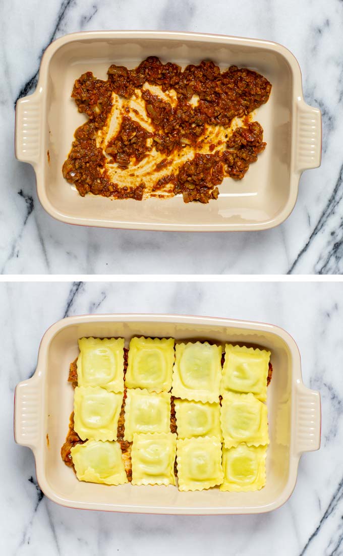 Showing how the layers of the Ravioli Lasagna are prepares: first meat sauce, then ravioli.